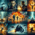 Cinematic collage of intense action scenes from the top 10 action movies of 2023, featuring dynamic characters, explosive moments, and thrilling chase