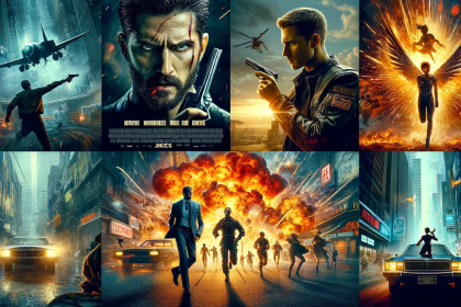 Cinematic collage of intense action scenes from the top 10 action movies of 2023, featuring dynamic characters, explosive moments, and thrilling chase