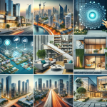 Collage of modern real estate trends for 2024, showcasing innovative architecture, sustainable urban developments, and technology-enhanced smart homes