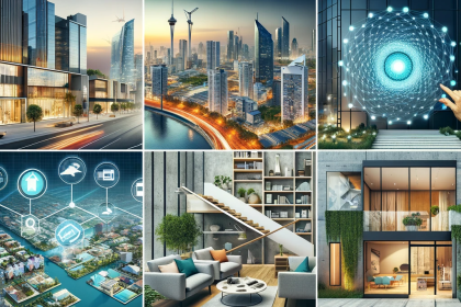 Collage of modern real estate trends for 2024, showcasing innovative architecture, sustainable urban developments, and technology-enhanced smart homes