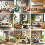 A collage of top interior design trends for 2024, featuring modern, cozy living spaces with innovative furniture, sustainable materials, vibrant color