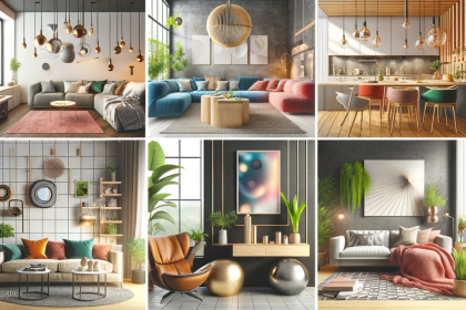 A collage of top interior design trends for 2024, featuring modern, cozy living spaces with innovative furniture, sustainable materials, vibrant color