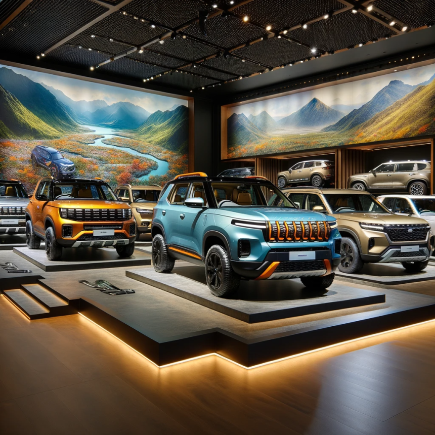 Elegant display of the top 10 SUVs of 2023 in India, featuring a variety of rugged and stylish models from leading automotive brands