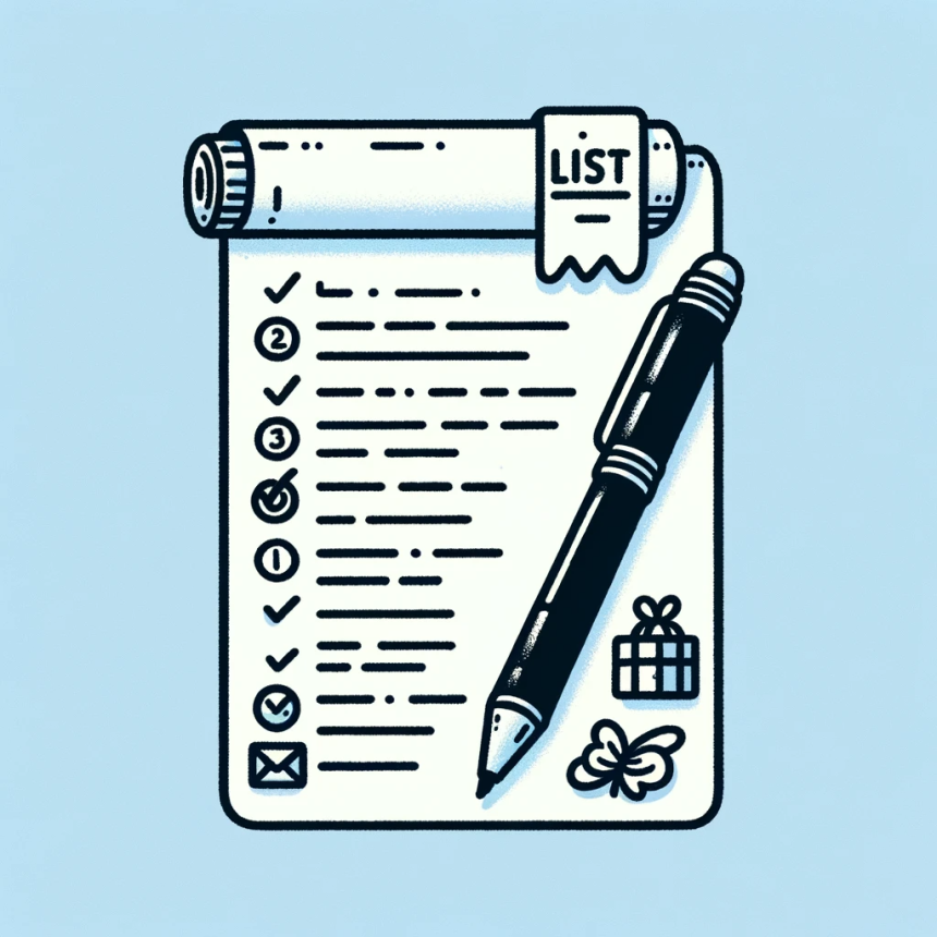 Illustration of a neatly handwritten list on a paper with a pen beside it, showcasing various items listed one after the other in an organized manner