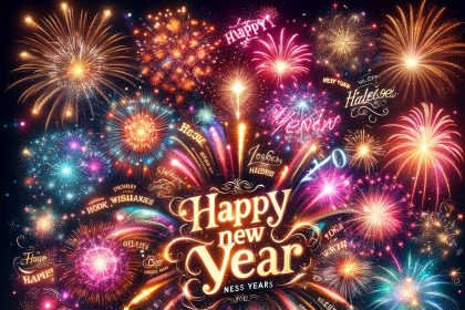 Image depicting a burst of colorful fireworks in the night sky with the words 'Happy New Year' and a variety of best wishes messages written in sparkl