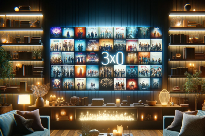 Image of a modern living room at night with a large TV screen displaying a collage of the top 10 TV series that were popular in 2023, surrounded