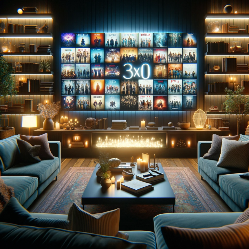 Image of a modern living room at night with a large TV screen displaying a collage of the top 10 TV series that were popular in 2023, surrounded