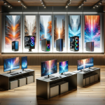 Image of a modern tech showroom with the top 10 desktop computers of 2023 on display, showcasing various models known for their power, design