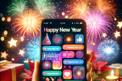 Image of a smartphone screen displaying a variety of colorful and inspirational 'Happy New Year' status updates with fireworks and celebration themes