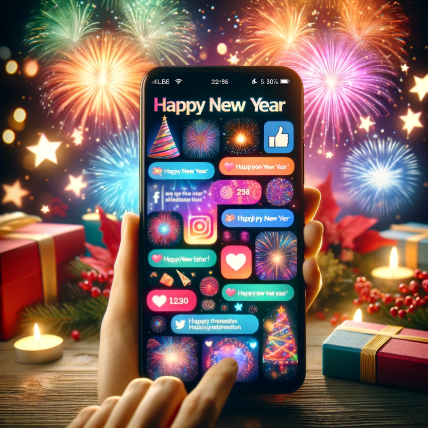 Image of a smartphone screen displaying a variety of colorful and inspirational 'Happy New Year' status updates with fireworks and celebration themes