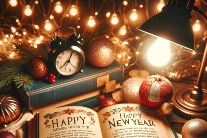 Image of an open book under a cozy reading light, with pages filled with inspirational 'Happy New Year' quotes, surrounded by festive New Year