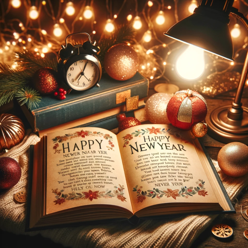 Image of an open book under a cozy reading light, with pages filled with inspirational 'Happy New Year' quotes, surrounded by festive New Year