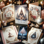 Image of various elegant greeting cards and smartphones displaying heartfelt 'Happy New Year' messages, set against a backdrop of festive decorations