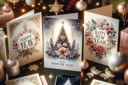 Image of various elegant greeting cards and smartphones displaying heartfelt 'Happy New Year' messages, set against a backdrop of festive decorations