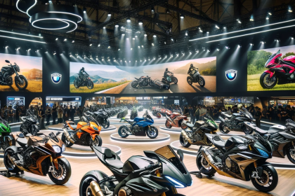 Showcase of the top 10 bikes of 2023 in India, featuring a range of models from sports bikes to cruisers, arrayed in a dynamic and stylish exhibition