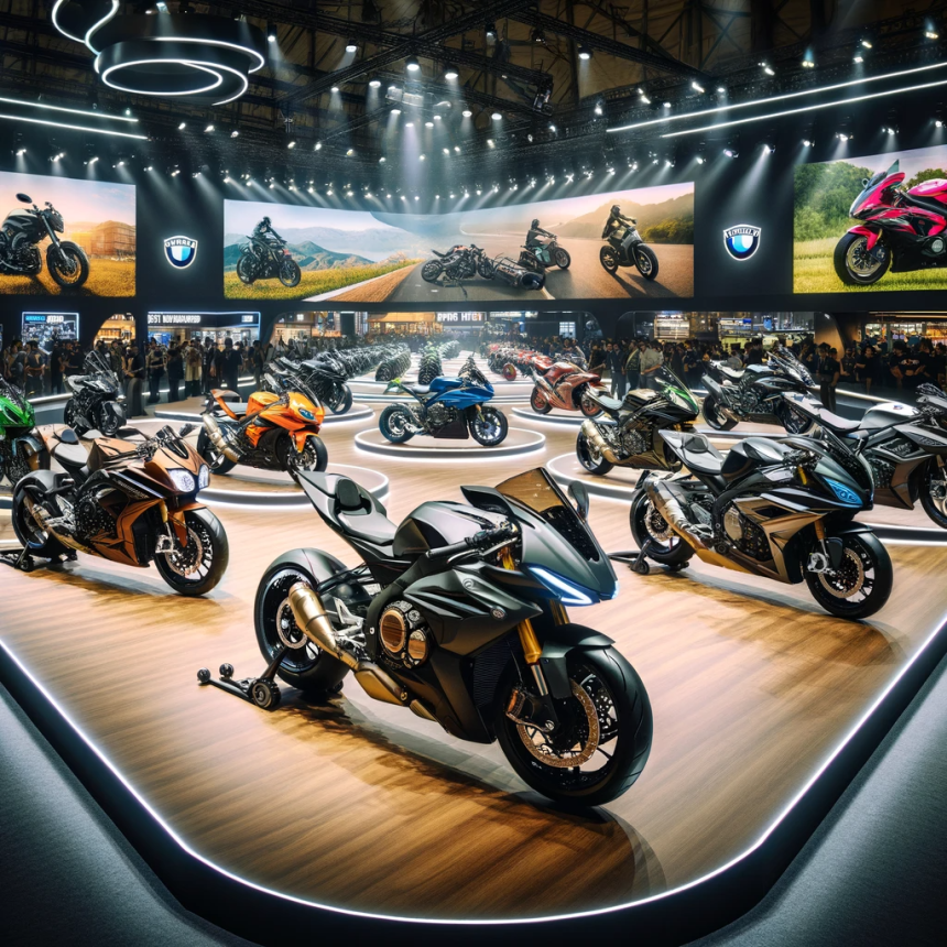 Showcase of the top 10 bikes of 2023 in India, featuring a range of models from sports bikes to cruisers, arrayed in a dynamic and stylish exhibition