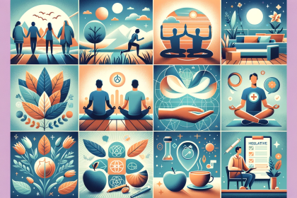 A calming and inspirational image depicting various aspects of mental wellness