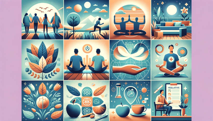 A calming and inspirational image depicting various aspects of mental wellness