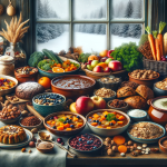 A cozy winter scene showcasing a variety of delicious, fiber-rich foods