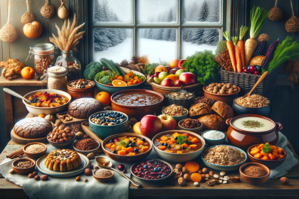 A cozy winter scene showcasing a variety of delicious, fiber-rich foods