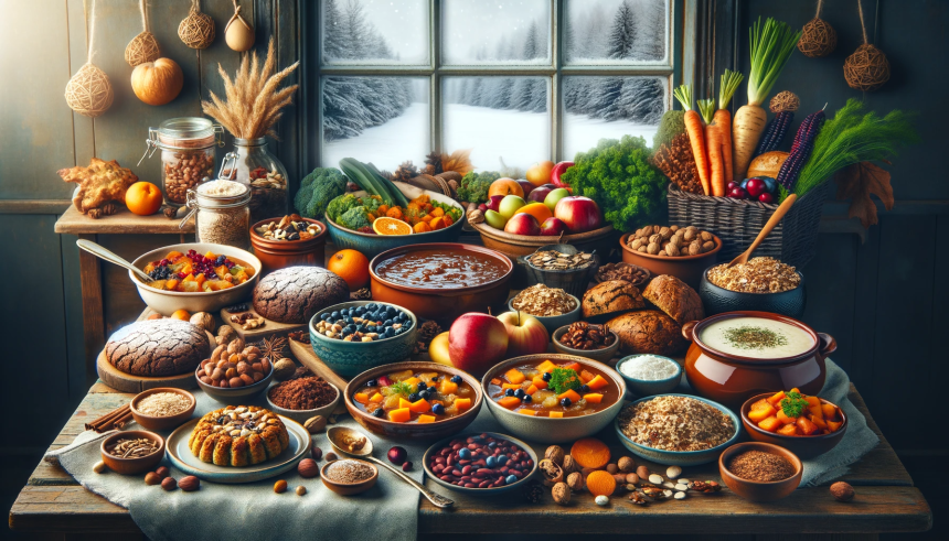 A cozy winter scene showcasing a variety of delicious, fiber-rich foods