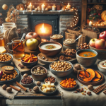 A cozy winter scene with a variety of warm, healthy snacks artfully arranged on a rustic table. The scene includes roasted chickpeas, sweet potato