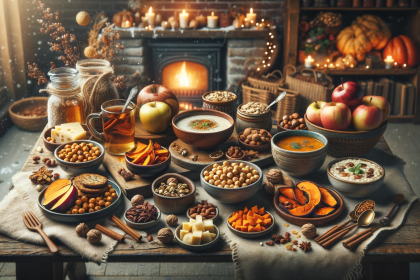 A cozy winter scene with a variety of warm, healthy snacks artfully arranged on a rustic table. The scene includes roasted chickpeas, sweet potato