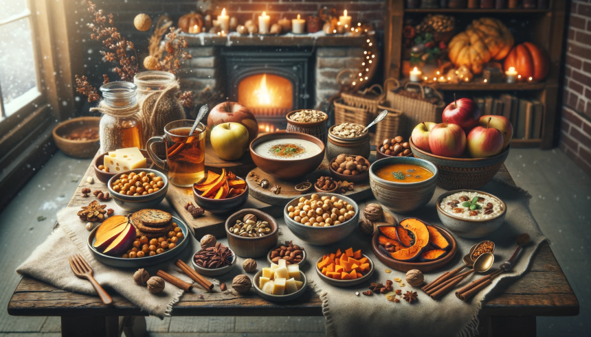 A cozy winter scene with a variety of warm, healthy snacks artfully arranged on a rustic table. The scene includes roasted chickpeas, sweet potato