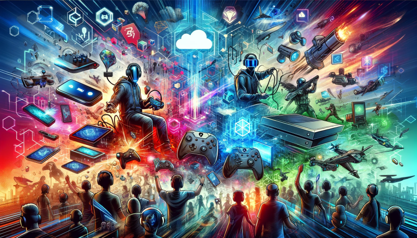 A dynamic and futuristic illustration depicting the exciting world of video gaming in 2024