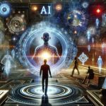 A dynamic and futuristic image depicting the interface between human and computer gaming. Visualize a human player immersed in a virtual gaming env