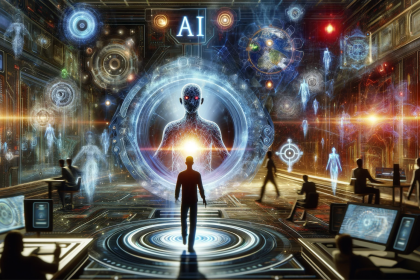 A dynamic and futuristic image depicting the interface between human and computer gaming. Visualize a human player immersed in a virtual gaming env