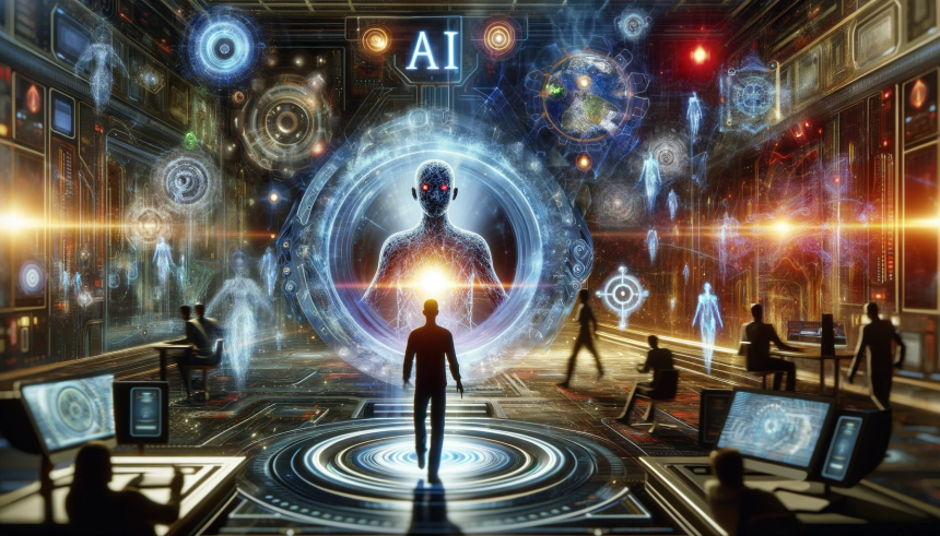 A dynamic and futuristic image depicting the interface between human and computer gaming. Visualize a human player immersed in a virtual gaming env