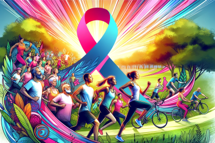 A dynamic and inspiring illustration showing diverse people of different ages and backgrounds engaging in various forms of exercise like running, cycl