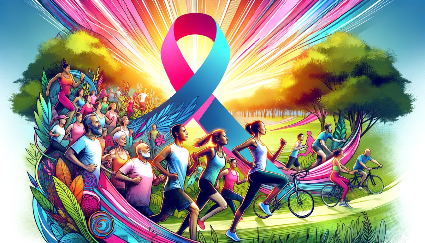 A dynamic and inspiring illustration showing diverse people of different ages and backgrounds engaging in various forms of exercise like running, cycl