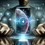 A futuristic and sophisticated visualization of a person holding the latest Apple iPhone model with advanced features. The phone displays a sleek