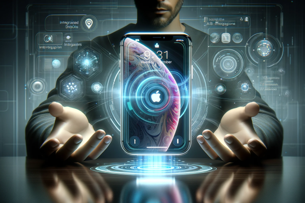 A futuristic and sophisticated visualization of a person holding the latest Apple iPhone model with advanced features. The phone displays a sleek