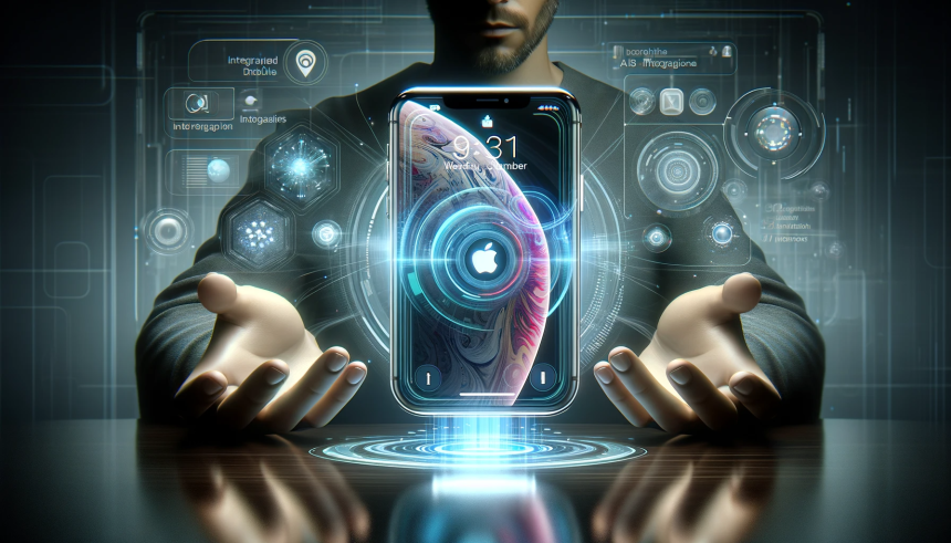 A futuristic and sophisticated visualization of a person holding the latest Apple iPhone model with advanced features. The phone displays a sleek