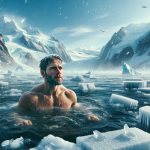 A man taking a dip in a freezing environment resembling the North Pole.