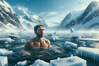 A man taking a dip in a freezing environment resembling the North Pole.