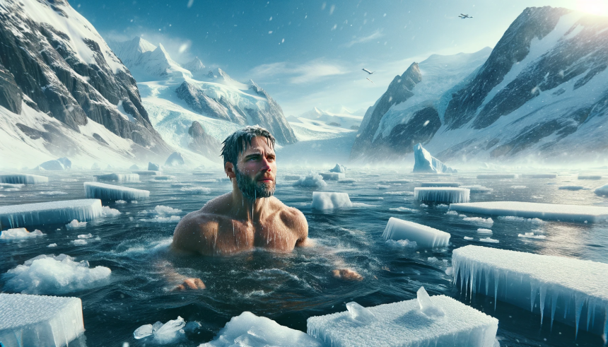 A man taking a dip in a freezing environment resembling the North Pole.