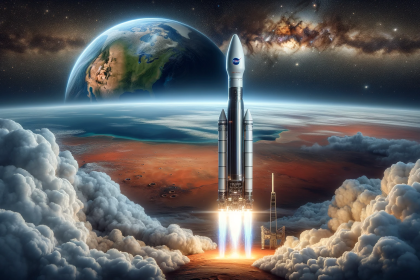 A-realistic-image-depicting-a-NASA-rocket-equipped-with-advanced-technology-launching-towards-Mars