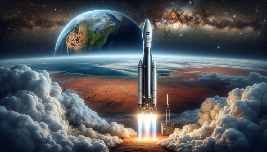 A-realistic-image-depicting-a-NASA-rocket-equipped-with-advanced-technology-launching-towards-Mars