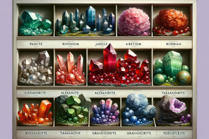 A realistic image depicting a collection of the world's rarest minerals