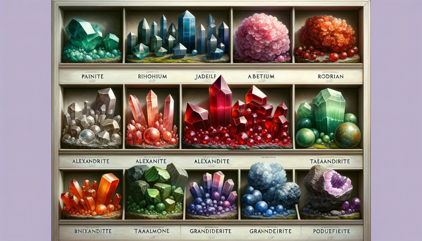 A realistic image depicting a collection of the world's rarest minerals