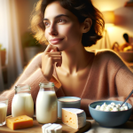 A serene and thoughtful person sitting at a table enjoying a healthy breakfast with various dairy products like milk, cheese, and yogurt1