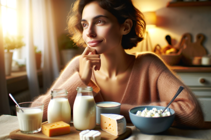 A serene and thoughtful person sitting at a table enjoying a healthy breakfast with various dairy products like milk, cheese, and yogurt1