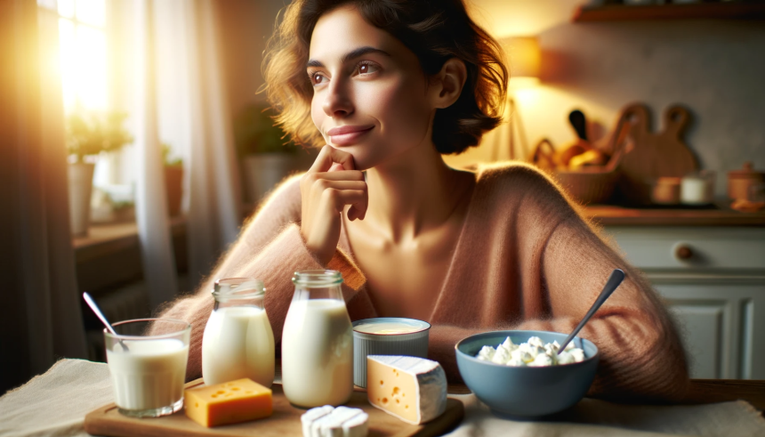 A serene and thoughtful person sitting at a table enjoying a healthy breakfast with various dairy products like milk, cheese, and yogurt1