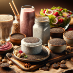 A variety of chia seed based dishes arranged beautifully on a table, showcasing their versatility in cuisine. The dishes include chia seed pudding