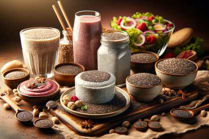 A variety of chia seed based dishes arranged beautifully on a table, showcasing their versatility in cuisine. The dishes include chia seed pudding