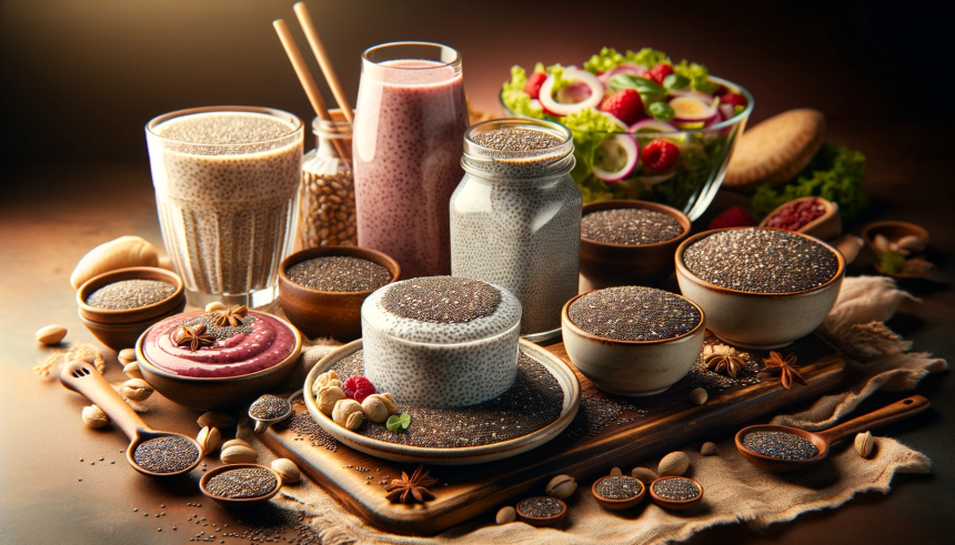 A variety of chia seed based dishes arranged beautifully on a table, showcasing their versatility in cuisine. The dishes include chia seed pudding